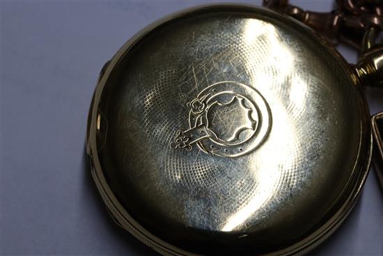 A Patek Philippe 18ct gold open face Roman dial pocket watch, cased, with 9ct gold watch chain and two swivel fob seals